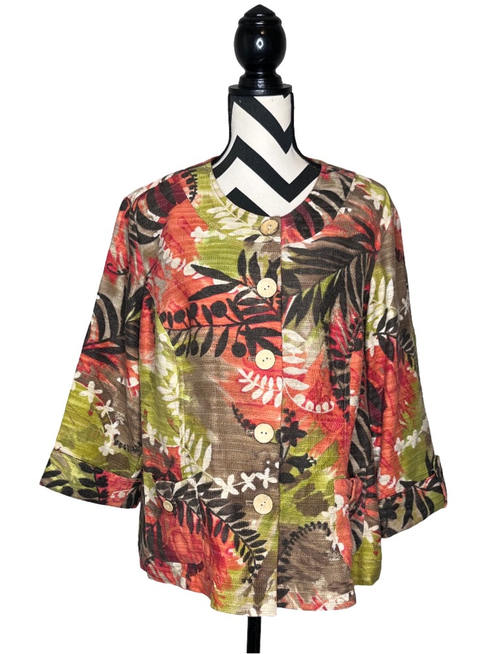 Alexis & Avery Linen Cotton Botanical Tropical Botton Front Artsy Jacket Sz 20